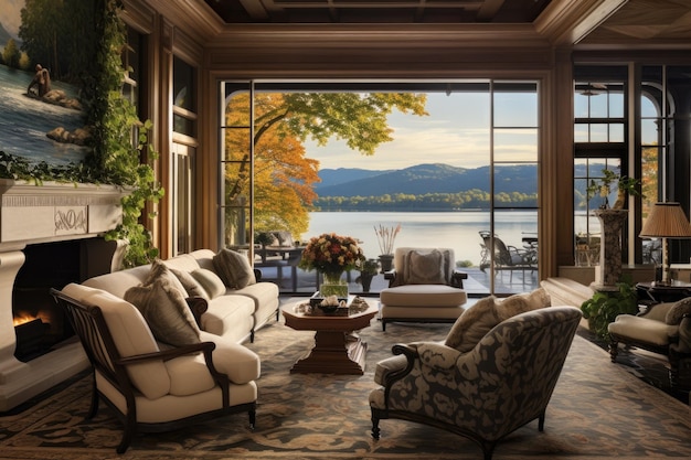 Удивительный пейзаж озера повышает роскошь дизайна интерьера гостиных.