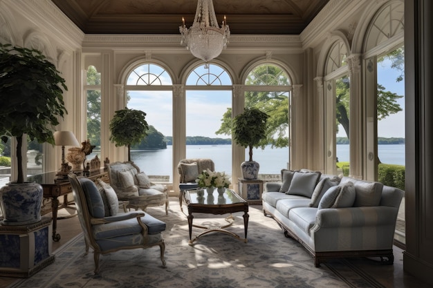 Spectacular lake scenery enhances the opulence of the sitting rooms interior design