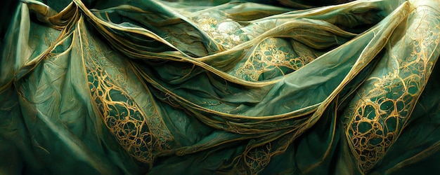 Spectacular and luxurious green and golden fabric Digital art 3D illustration