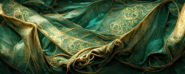 Spectacular and luxurious green and golden fabric digital art 3d illustration