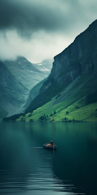 Spectacular Norwegian Nature A Small Boat Floating On A Cloudy Day