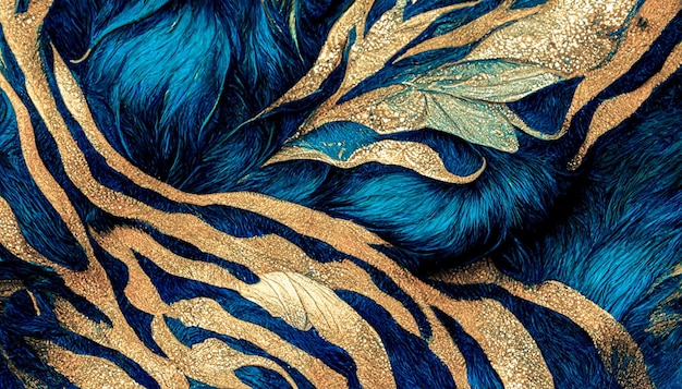 Spectacular pattern of teal and gold fur like liquid digital\
art 3d illustration