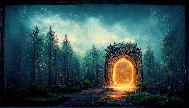 Photo spectacular portal archway in fantasy forest digital art 3d illustration