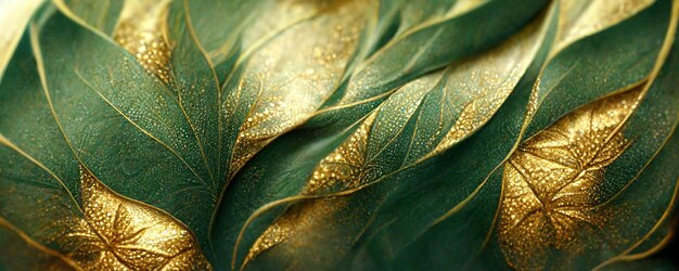 Spectacular realistic detailed veins and half green and gold abstract closeup leaf covered with gold dust digital 3d illustration macro artwork