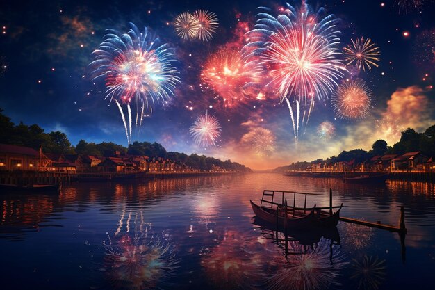 Spectacular River Fireworks Generative AI