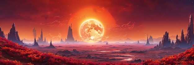 Spectacular scene of a distant world giant moon hangs over high mountains embraced by a sea of red and orange plants creating a breathtaking fantasy landscape at dusk