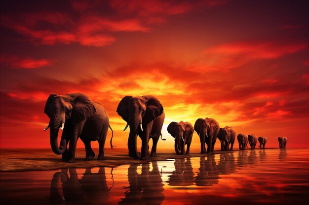 Photo spectacular scene of majestic african elephants roaming the vast savannah at golden sunset