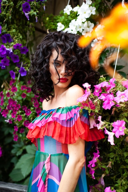 Spectacular sensual beautiful European woman with curled dark hair in a summer dress in the city