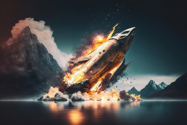 Spectacular spaceship crash flaming rocket falls into the water Generative ai