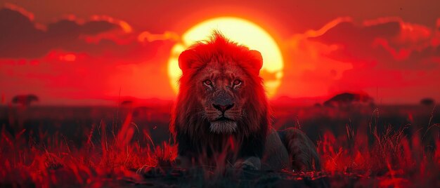 Photo spectacular sunlight and dramatic cloud formations african lion on a savanna landscape king of animals a proud fantasy lion in the savanna looking forward
