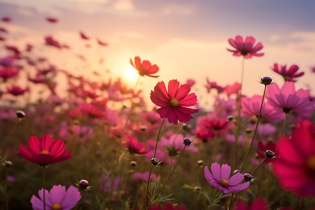 生成 AI ツールで作成された美しいピンクと赤の花畑の壮大な夕日の風景