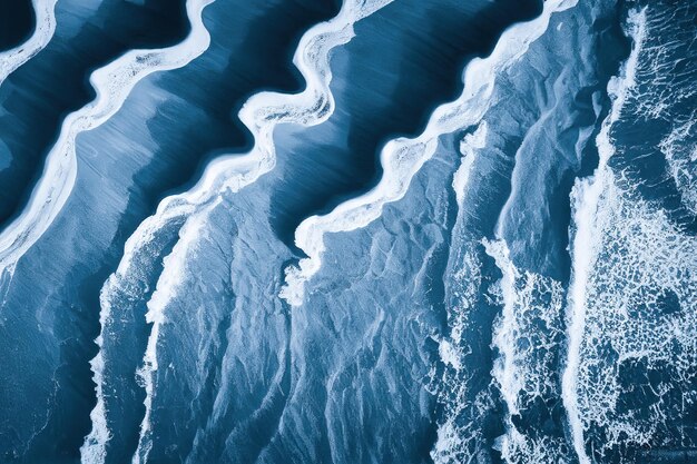 Photo spectacular top view from drone photo of beautiful beach with relaxing sunlight sea water waves pounding the sand at the shore calmness and refreshing beach scenery