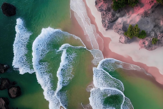 美しいピンク色のビーチのドローン写真からの壮大なトップ ビュー