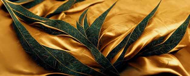 Photo the spectacular transparent background of silky smooth green and gold fabric inverted leaf pattern that either displays green grass as texture or can be seen through digital art 3d illustration