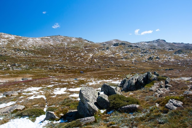 A spectacular view across the valley on the kosciuszko walk at the summit of thredo looking towards mount kosciusko in the snowy mountains new south wales australia