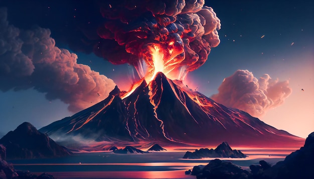 Photo spectacular view of an active volcano blazing hot lava flowing down a volcano generative ai