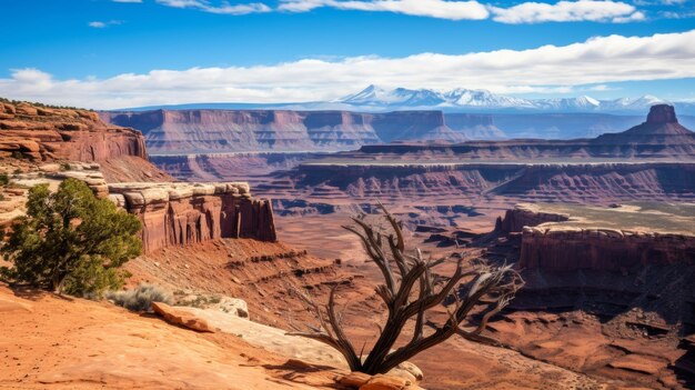 A spectacular view of a canyon with hoodoos and buttes in the front and mountains in the back