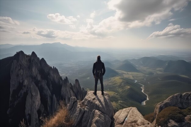 Spectacular view witnessed by a man standing at the summit of a mountain left breathles