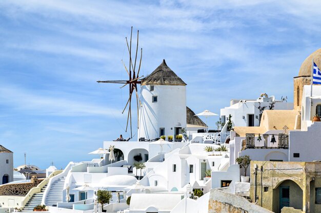 Spectacular views of Oia, over the cliffs, Santorini, Greece.