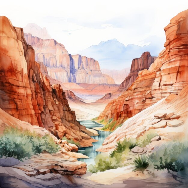 Spectacular Watercolor Painting Of Canyon With River Illustration