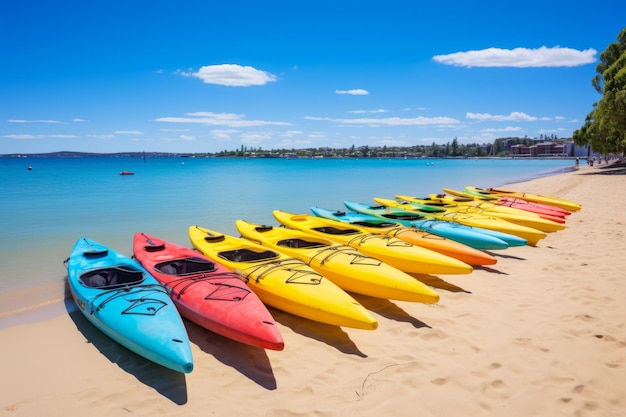 Spectacularly vibrant kayak lineup on tangalooma island's pristine seashore