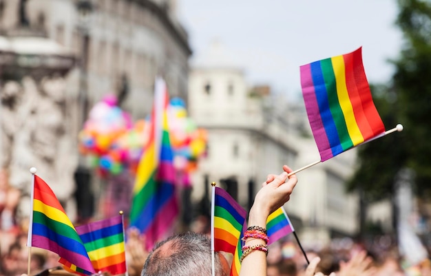 A spectator waves a gay rainbow flag at an LGBT gay pride march in London