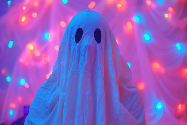 Photo spectral figure in ghostly attire against pink and blue bokeh lights embodying halloween festivity