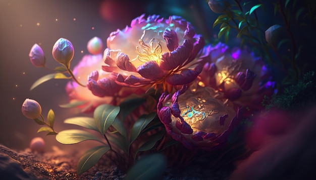 Spectral light illuminates transparent bright deep colored peonies abstract flower art generative ai