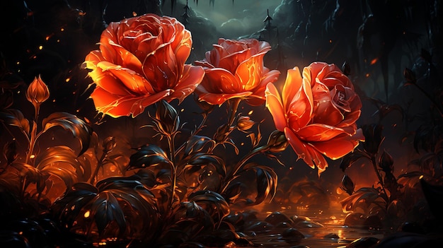 スペクトル光は透明な赤い色の赤いバラを照らします 抽象的な花の芸術 生成的なai