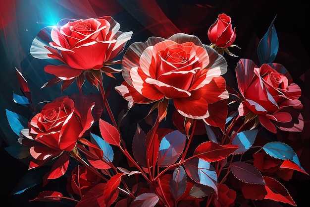 Spectral light illuminates transparent red colored red roses abstract flower art