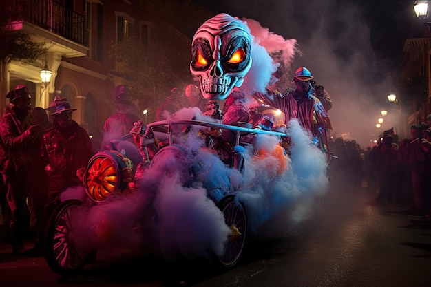 Spectral parade of ghostly characters and haunted floats on a fogshrouded street