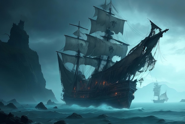 A spectral pirate ship its sails tattered and nice