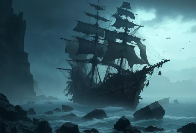 A spectral pirate ship its sails tattered and t