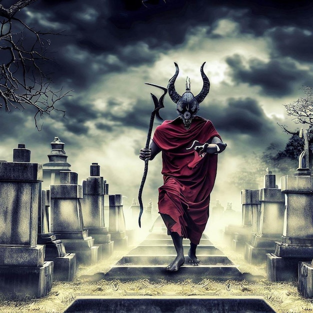Spectral Reverie The Realistic Journey of an Evil Devil Priest Walking through the Cemetery
