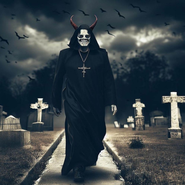 Spectral Reverie The Realistic Journey of an Evil Devil Priest Walking through the Cemetery