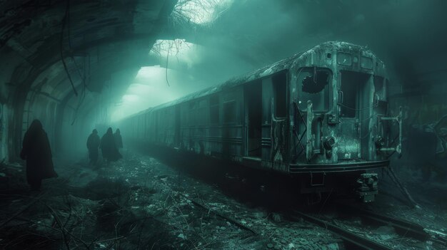 A spectral train appearing on a longabandoned track its ghostly passengers staring out