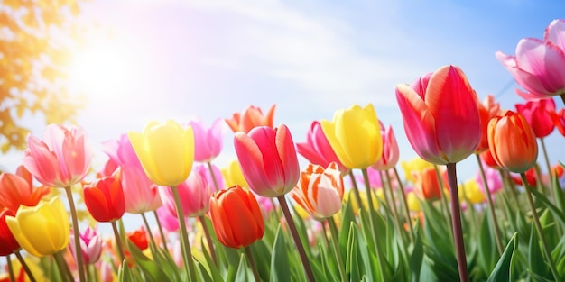 Панорама поля тюльпанов с различными типами и цветами