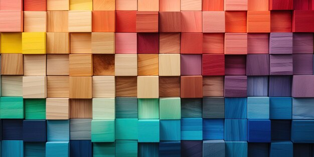 Spectrum of colorful wooden blocks aligned on a rustic old wood table Japanese Color set Background or cover for something creative diverse and in multiple variations