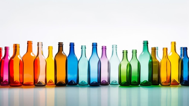 Photo spectrum of creativity vibrant glass bottles on a white backdrop with ample space for text