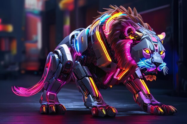 Foto spectrum of power neon robotic lion in azione