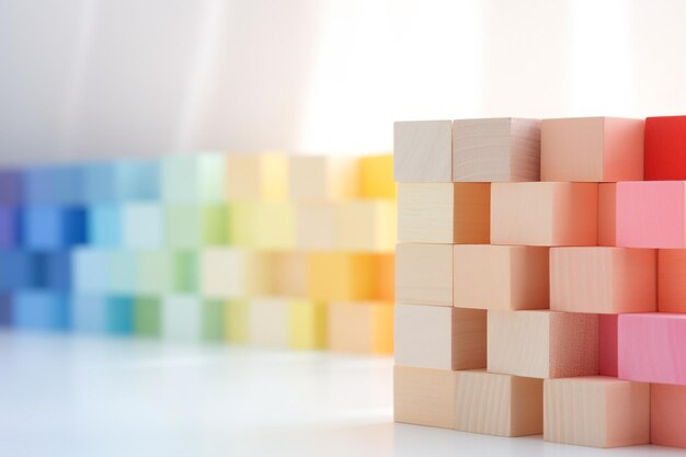 Spectrum of stacked multicolored wooden blocks Background or cover for something creative