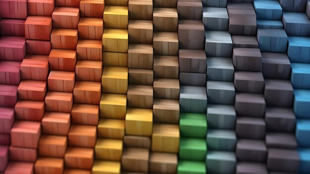 A spectrum of stacked multicolored wooden blocks providing a background or cover