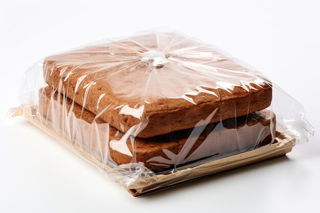 Photo speculaas cake in plastic wrap isolated on white