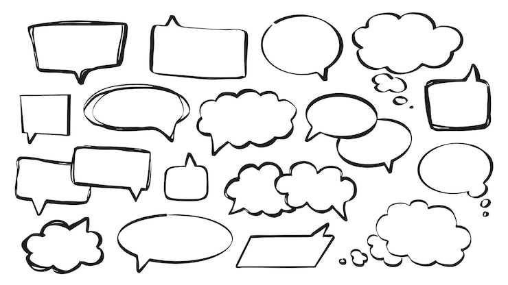 Foto speech bubbels set van marker penseel stroke textuur doodle handschrift elementen met zwarte lege communicatie frames voor tekstberichten in ovale wolk rechthoek en andere vormen vector illustratie