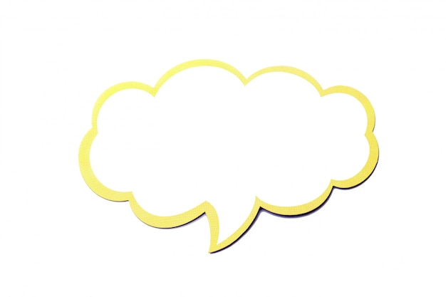 Photo speech bubble as a cloud with yellow border isolated on white