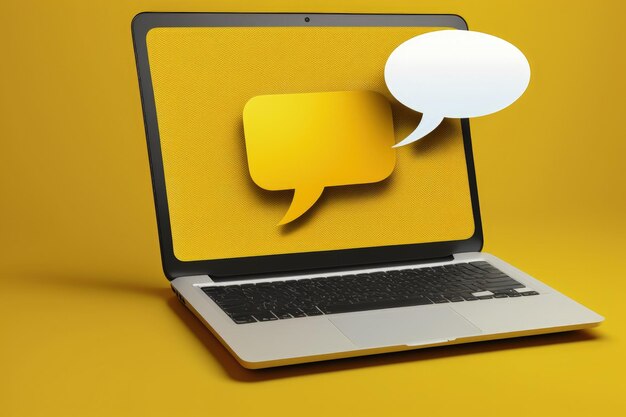 Photo speech bubble on laptop screen yellow background generative ai