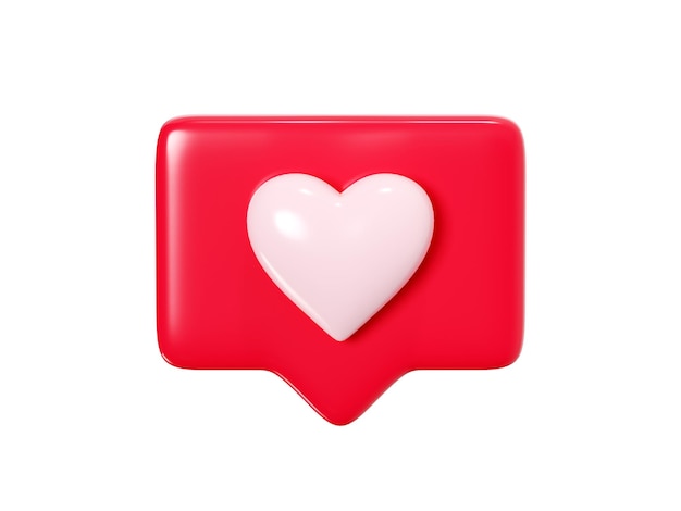 Speech bubble with heart 3d render icon - red love message or social media like notifications.