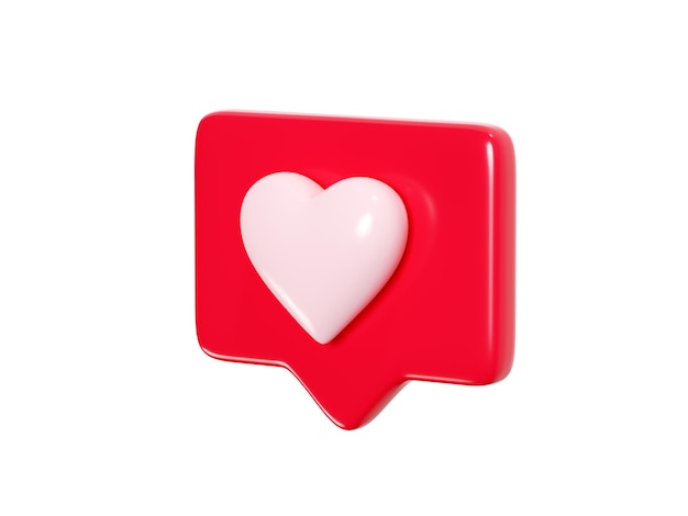 Photo speech bubble with heart 3d render icon - red love message or social media like notifications.