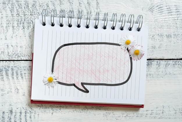 Speech Bubble With Important Messages With Flowers Around Written On Notebook On Floor Crutial Informations In Dialogue Balloon On Notepad On Ground