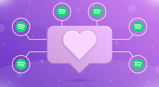 Photo speech bubble with like icon and spotify  logo icons around 3d